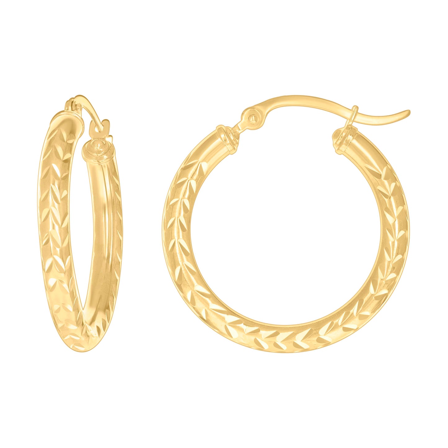 10K Yellow Gold Womens Diamond-cut Round Tube Patterned Hoop Earrings 3mm