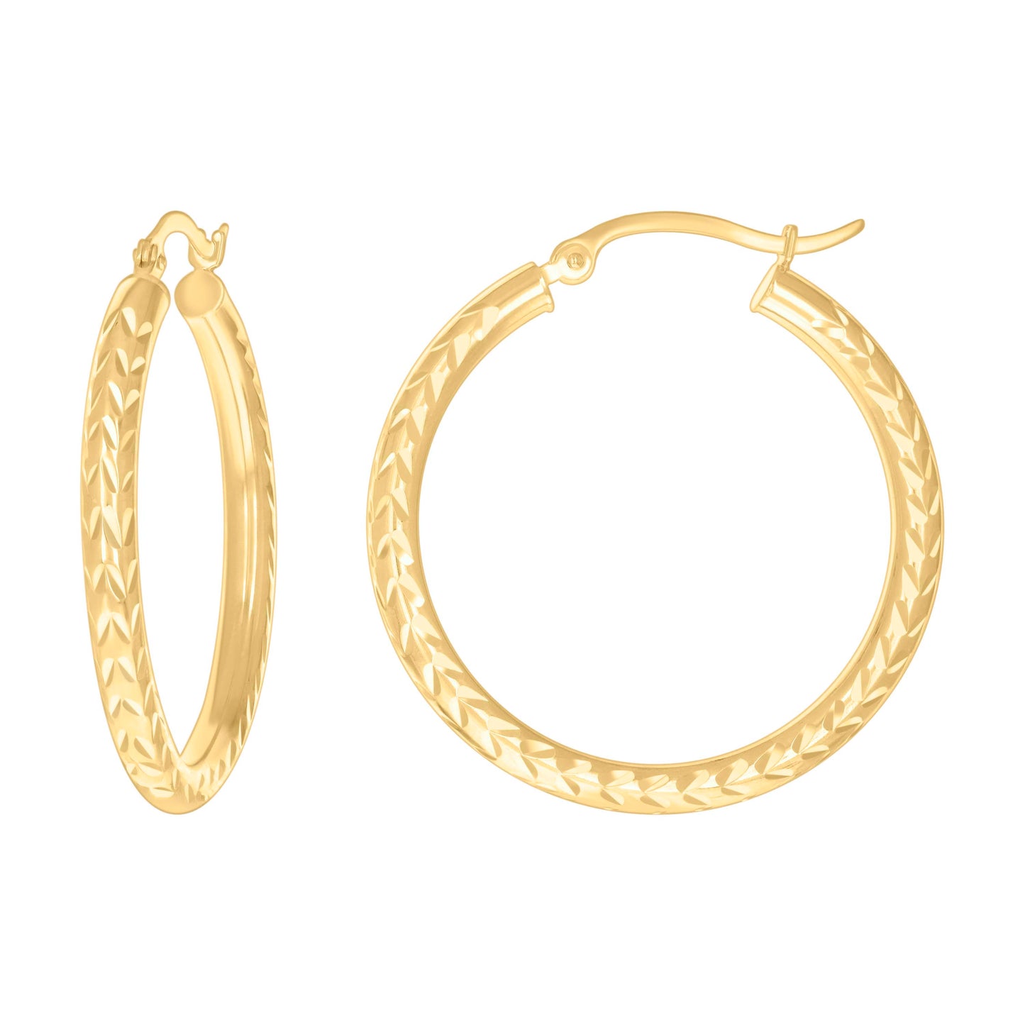 10K Yellow Gold Womens Diamond-cut Round Tube Patterned Hoop Earrings 3mm