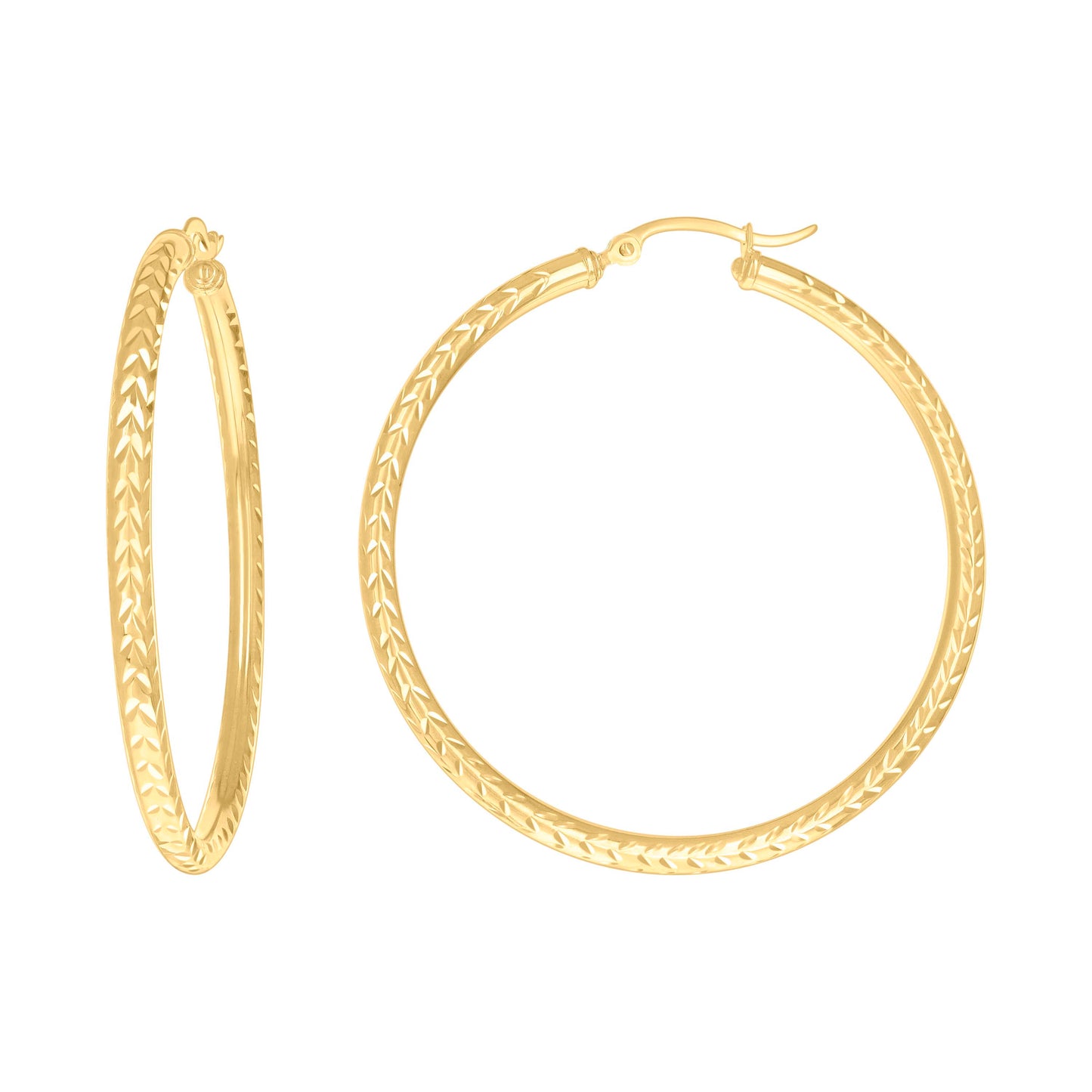 10K Yellow Gold Womens Diamond-cut Round Tube Patterned Hoop Earrings 3mm