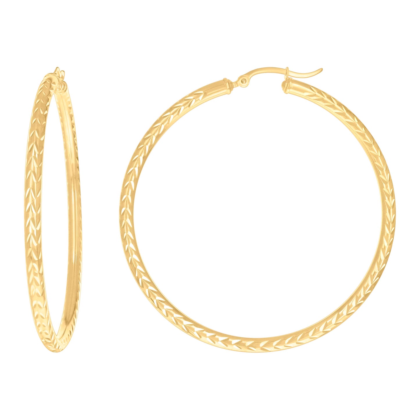 10K Yellow Gold Womens Diamond-cut Round Tube Patterned Hoop Earrings 3mm
