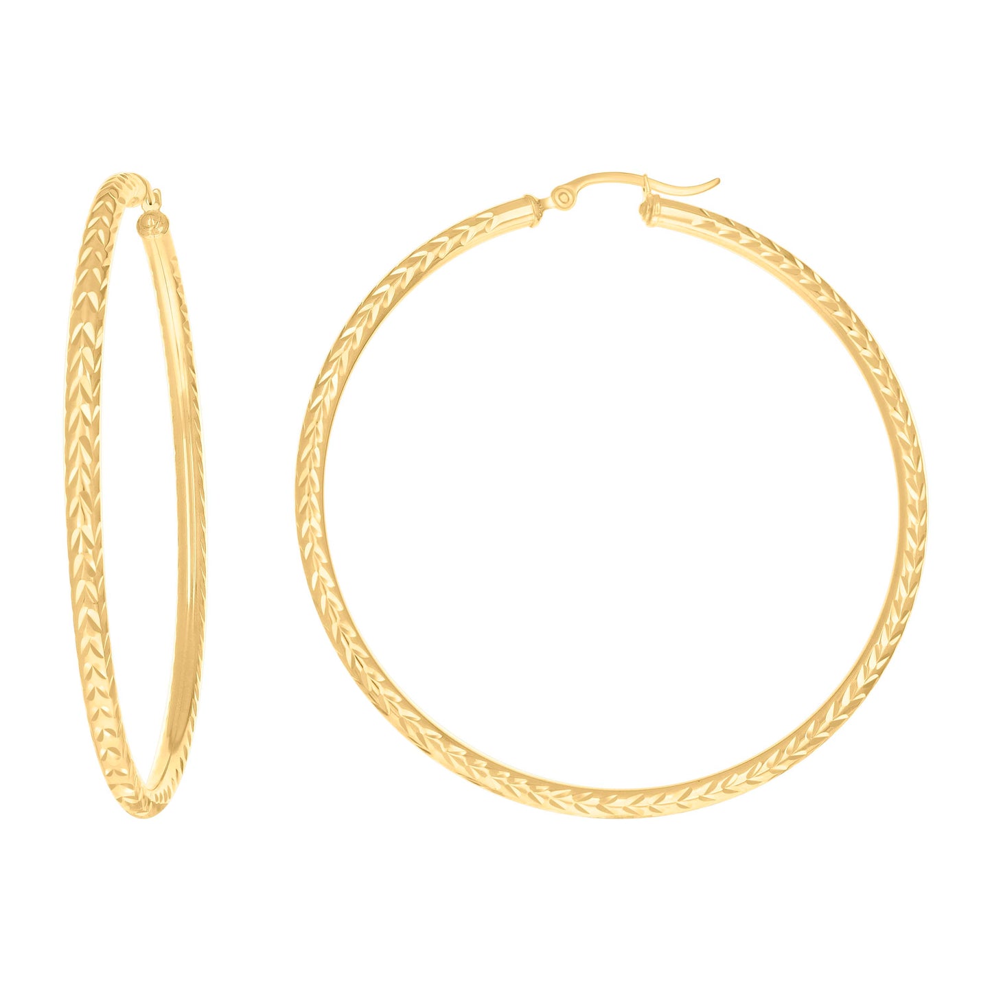 10K Yellow Gold Womens Diamond-cut Round Tube Patterned Hoop Earrings 3mm