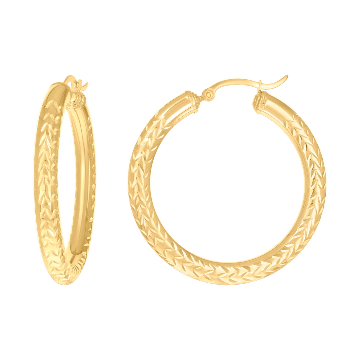 10K Yellow Gold Womens Diamond-cut Round Tube Patterned Hoop Earrings 4mm