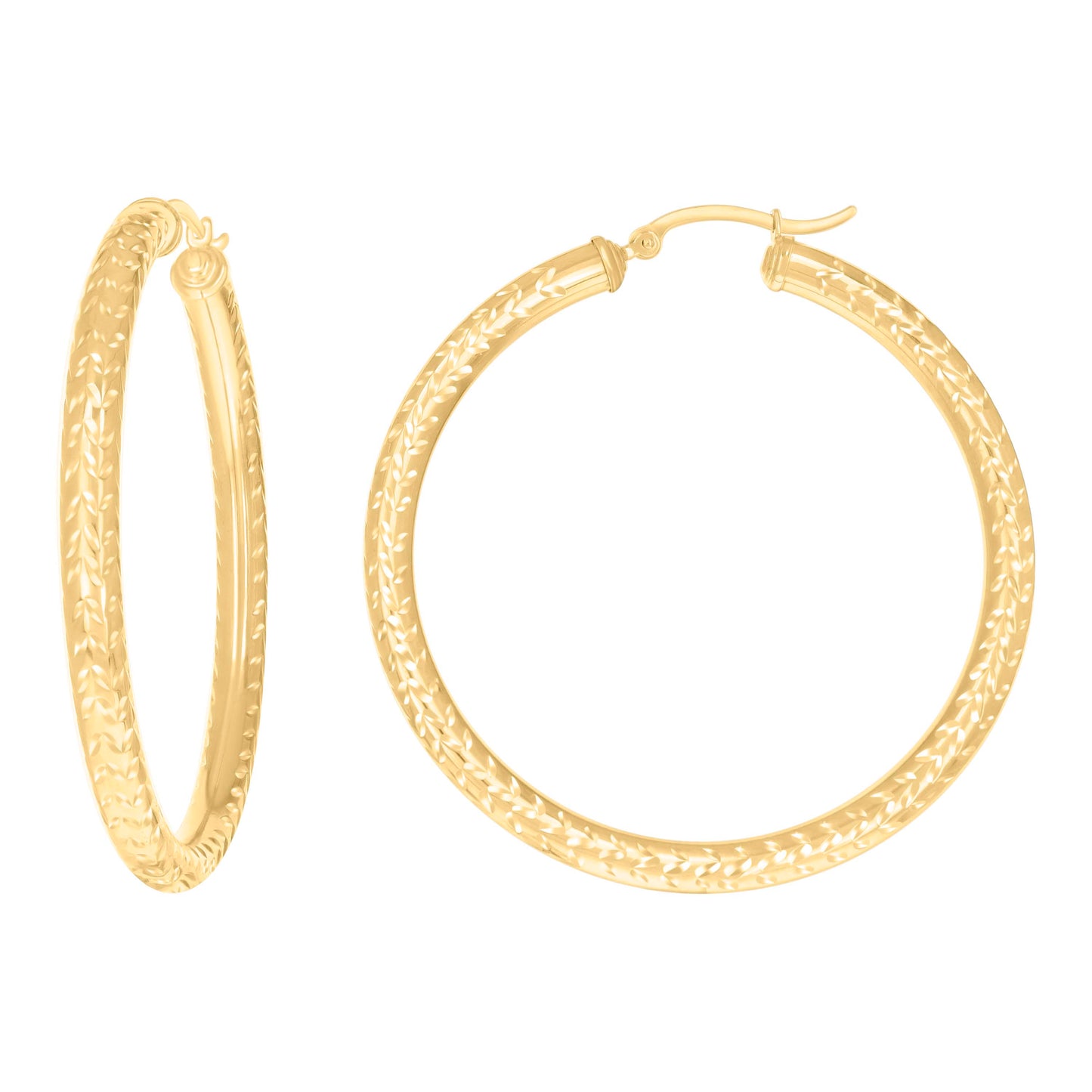 10K Yellow Gold Womens Diamond-cut Round Tube Patterned Hoop Earrings 4mm