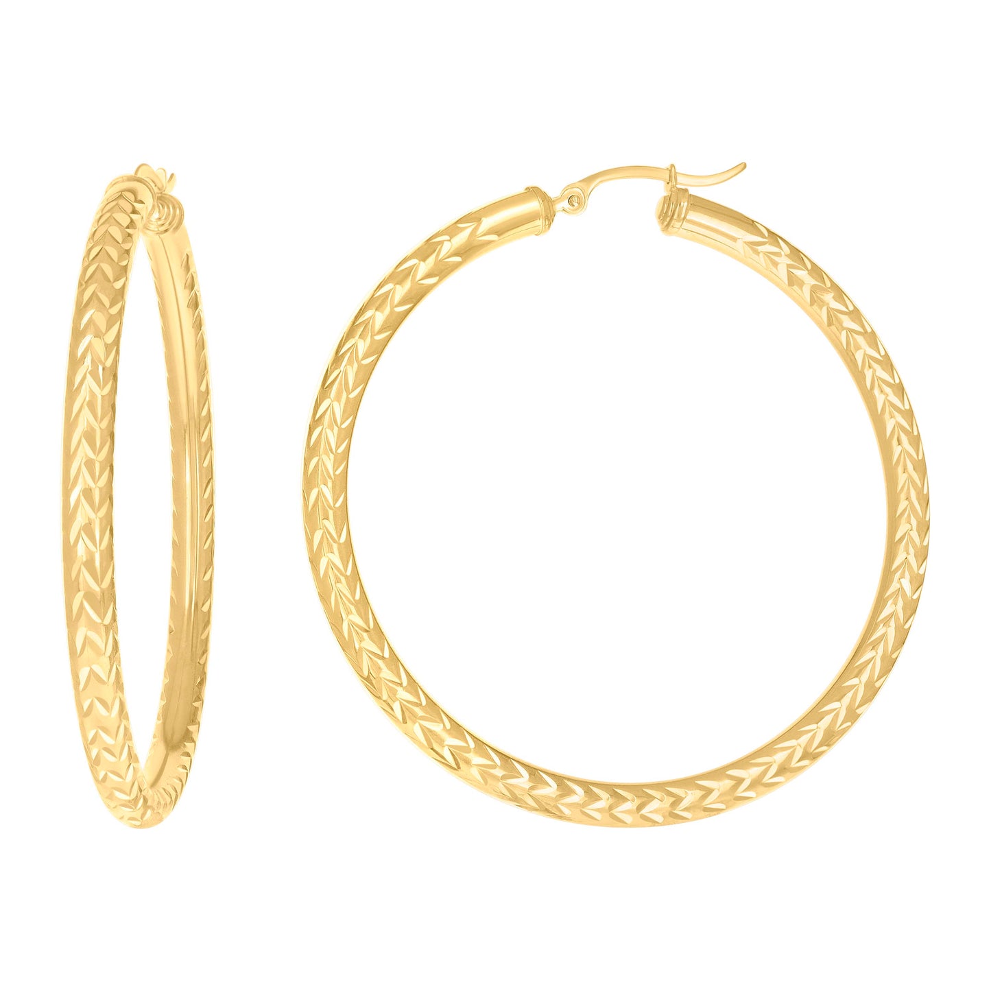 10K Yellow Gold Womens Diamond-cut Round Tube Patterned Hoop Earrings 4mm