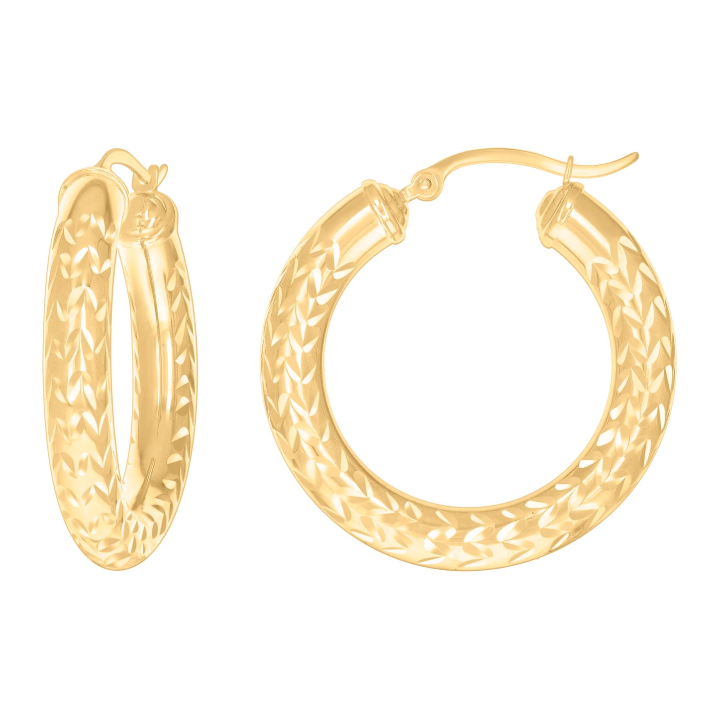 10K Yellow Gold Womens Round Tube Diamond-cut Patterned Fancy Hoop Earrings