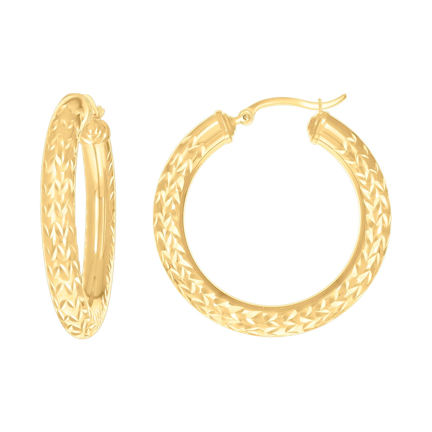 10K Yellow Gold Womens Round Tube Diamond-cut Patterned Fancy Hoop Earrings