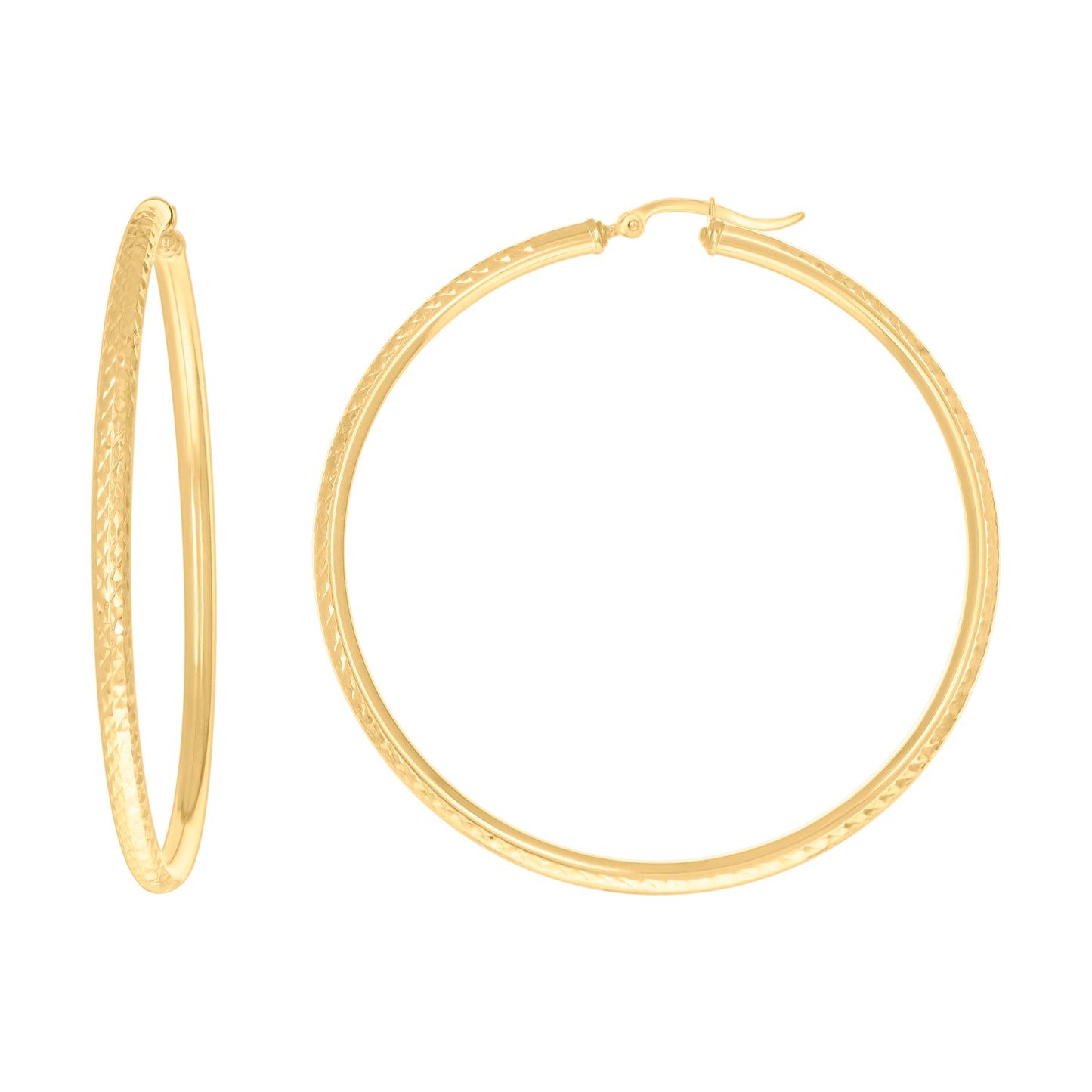 10K Yellow Gold Womens Round Tube Diamond-cut Patterned Fancy Hoop Earrings 3mm