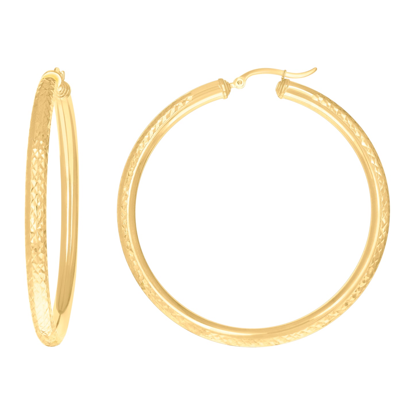 10K Yellow Gold Womens Round Tube Diamond-cut Patterned Fancy Hoop Earrings