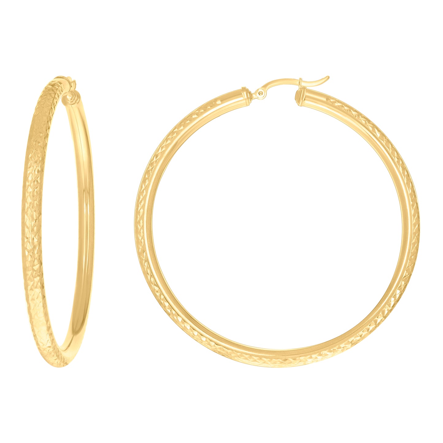 10K Yellow Gold Womens Round Tube Diamond-cut Patterned Fancy Hoop Earrings