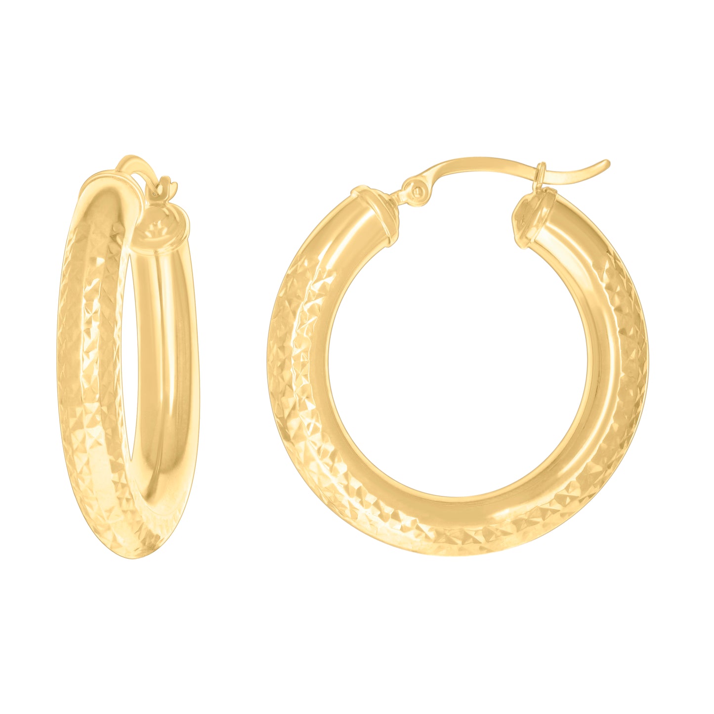 10K Yellow Gold Womens Round Tube Diamond-cut Patterned Fancy Hoop Earrings