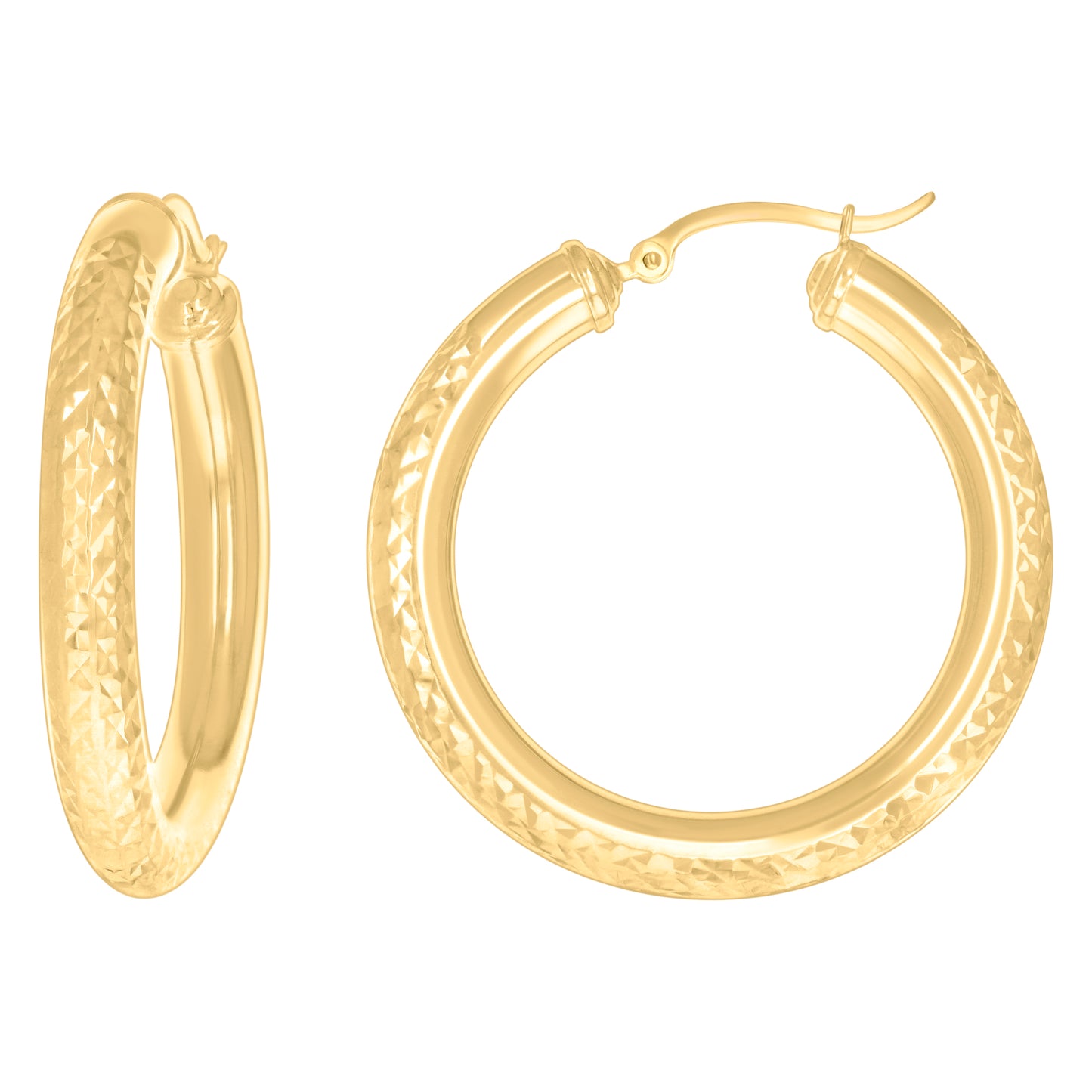 10K Yellow Gold Womens Round Tube Diamond-cut Patterned Fancy Hoop Earrings