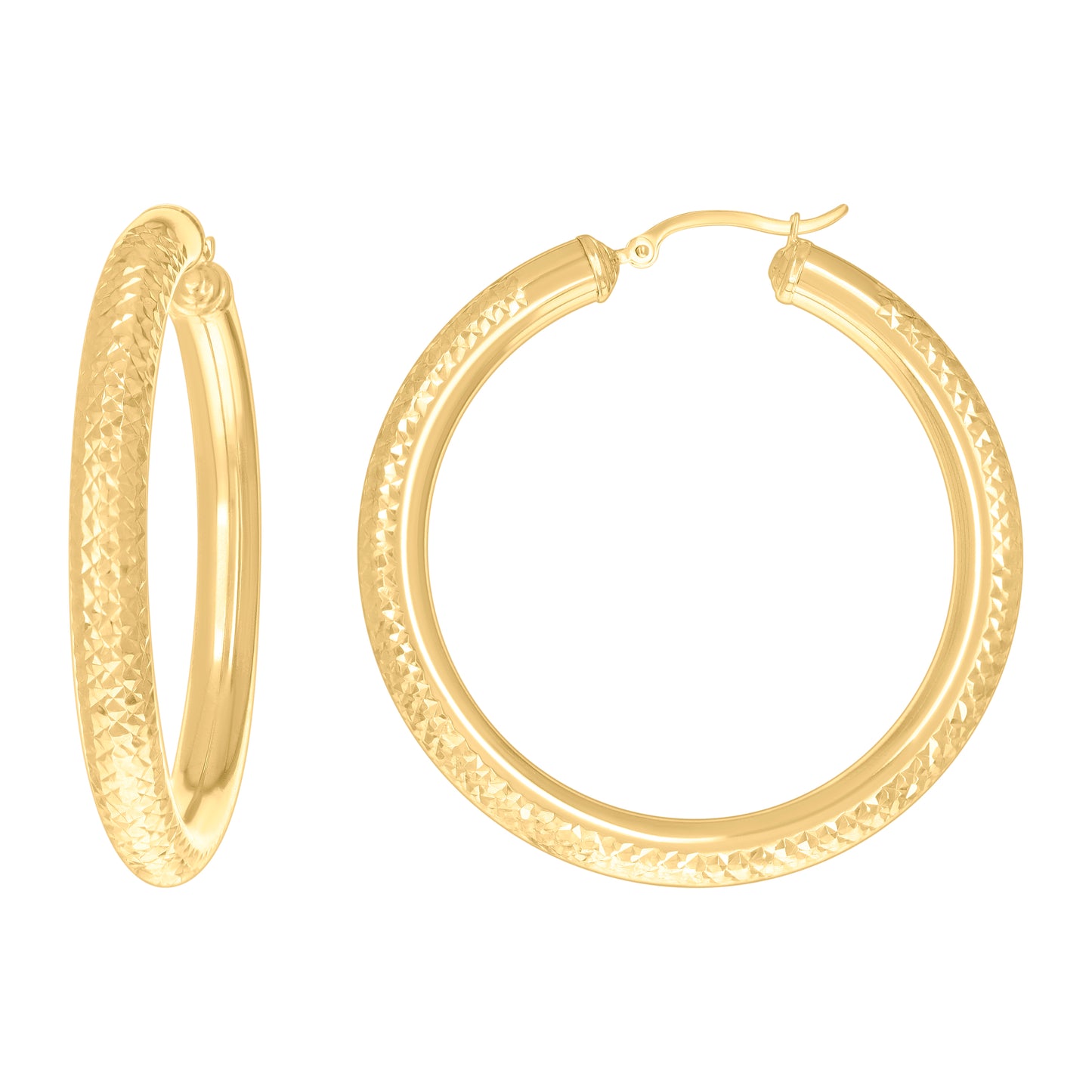 10K Yellow Gold Womens Round Tube Diamond-cut Patterned Fancy Hoop Earrings