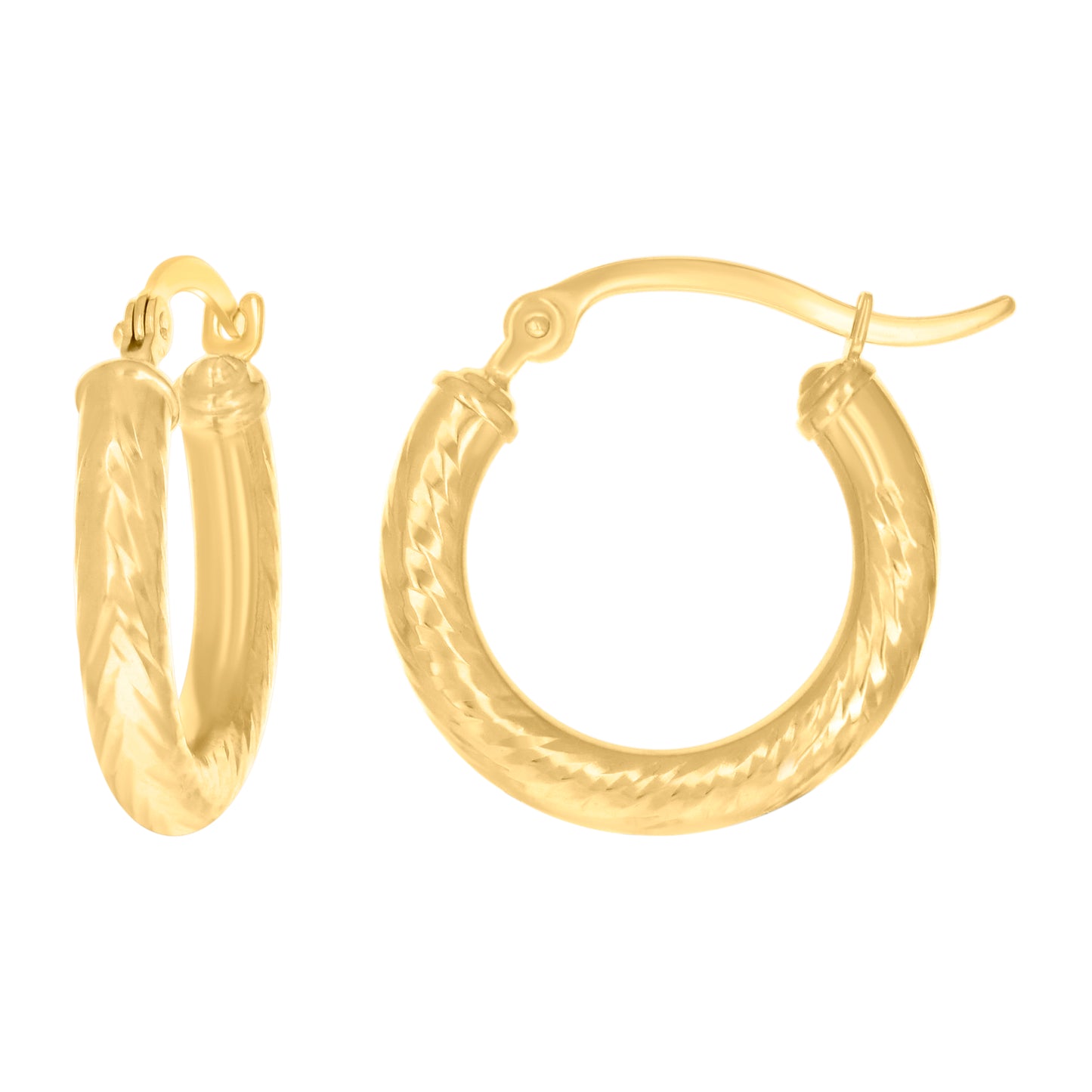 14K Yellow Gold Womens Round Tube Diamond-cut Patterned Fancy Hoop Earrings
