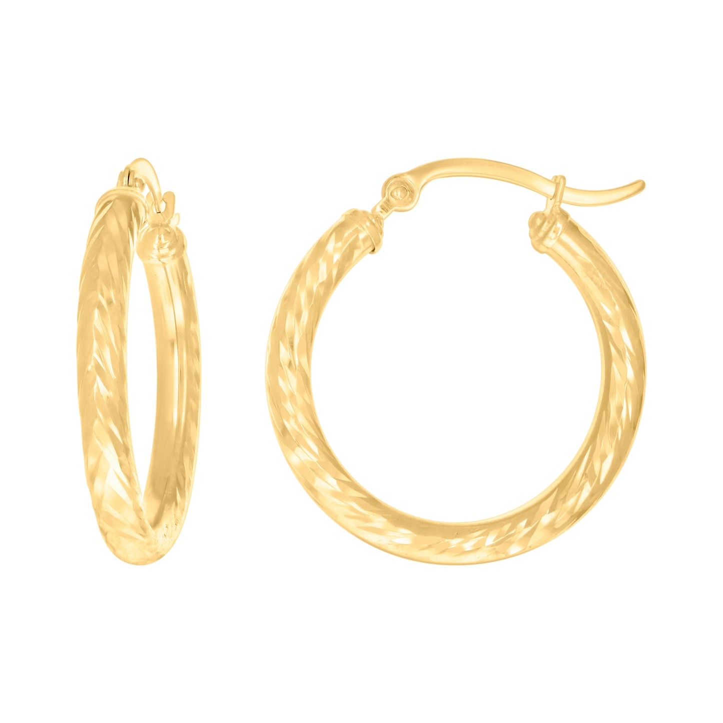 14K Yellow Gold Womens Round Tube Diamond-cut Patterned Fancy Hoop Earrings