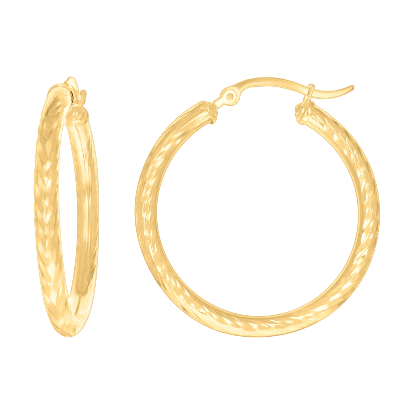 14K Yellow Gold Womens Round Tube Diamond-cut Patterned Fancy Hoop Earrings