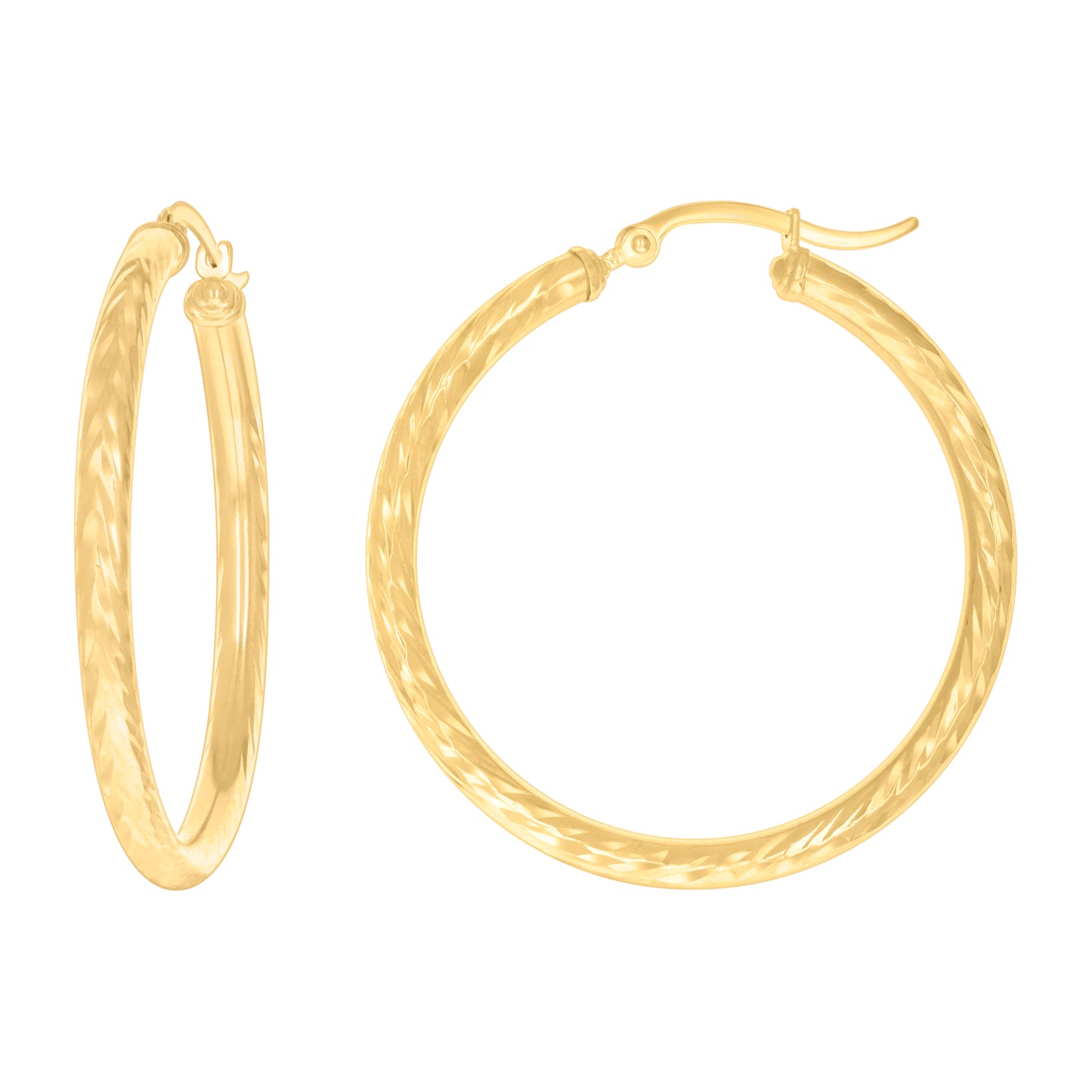 14K Yellow Gold Womens Round Tube Diamond-cut Patterned Fancy Hoop Earrings