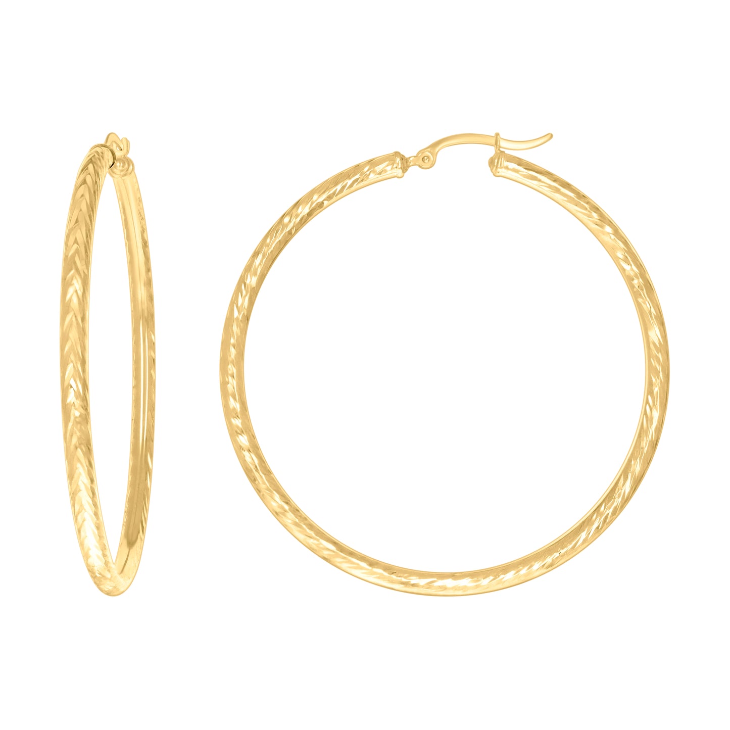 14K Yellow Gold Womens Round Tube Diamond-cut Patterned Fancy Hoop Earrings
