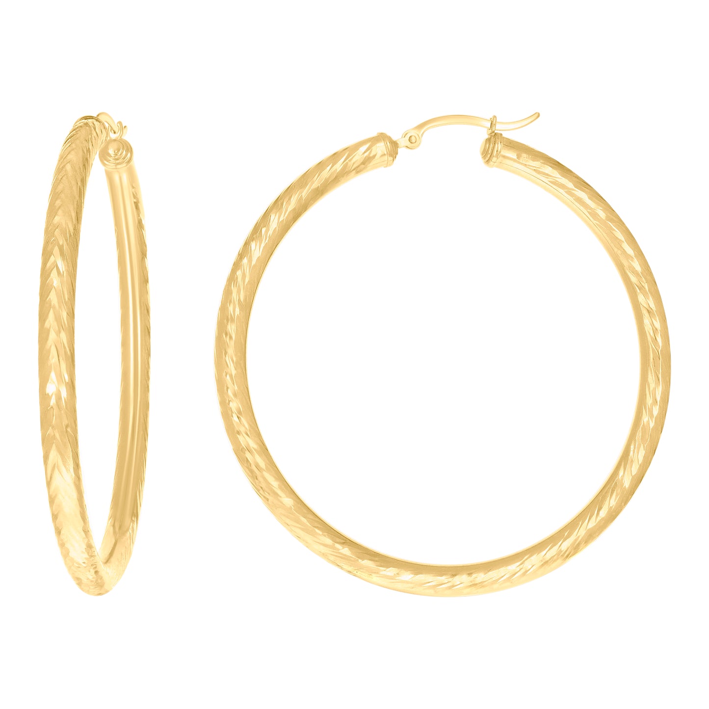 14K Yellow Gold Womens Round Tube Diamond-cut Patterned Fancy Hoop Earrings