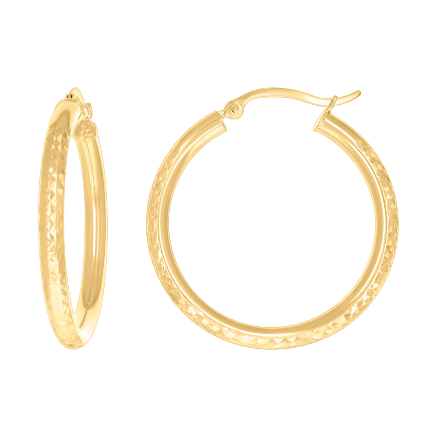 14K Yellow Gold Womens Round Tube Diamond-cut Patterned Fancy Hoop Earrings