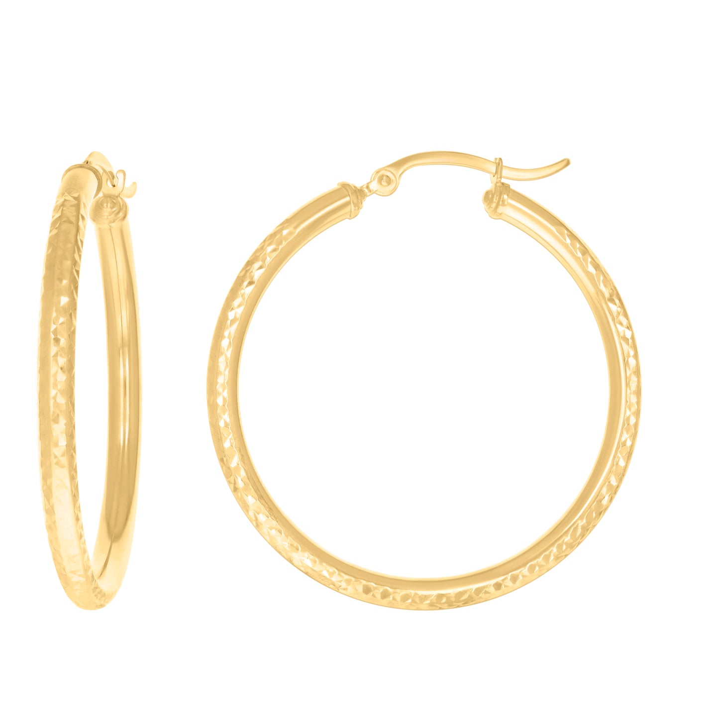 14K Yellow Gold Womens Round Tube Diamond-cut Patterned Fancy Hoop Earrings