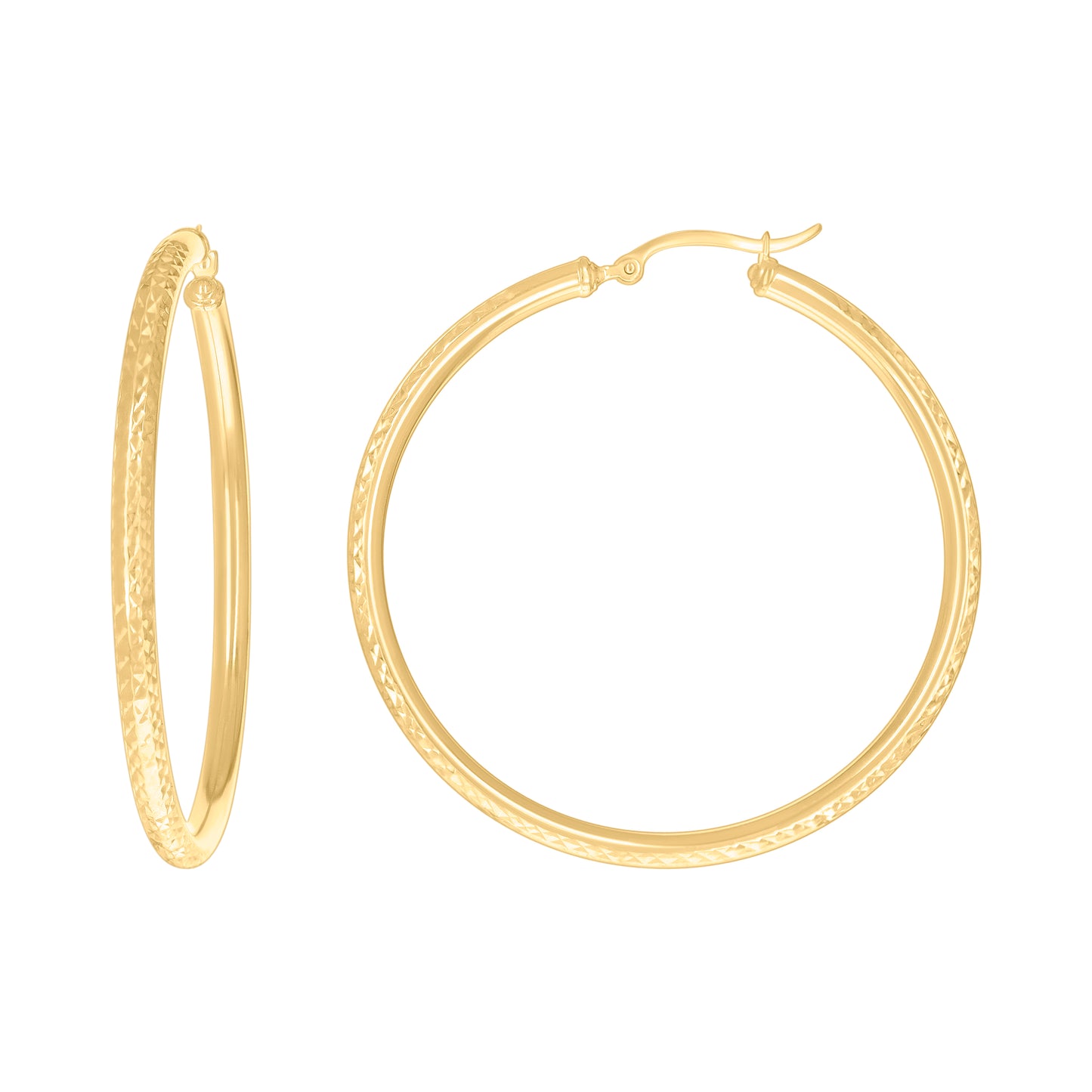 14K Yellow Gold Womens Round Tube Diamond-cut Patterned Fancy Hoop Earrings