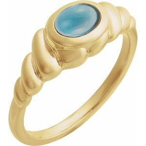 14K Yellow Gold  Oval 8 X 6 Mm Polished Natural London Blue Topaz Twisted Cabochon Ring Size 7