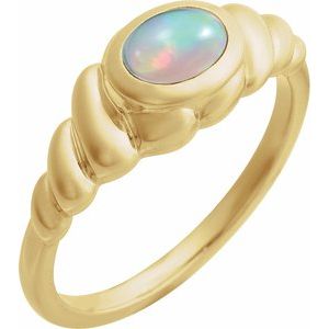 14K Yellow Gold  Oval 7 X 5 Mm Polished Natural Ethiopian Opal Twisted Cabochon Ring Size 7