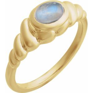 14K Yellow Gold  Oval 8 X 6 Mm Polished Natural Rainbow Moonstone Twisted Cabochon Ring Size 7