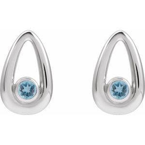 14K White Gold Round Shape 3 Mm Natural Aquamarine Solitaire Geometric Bezel Earrings