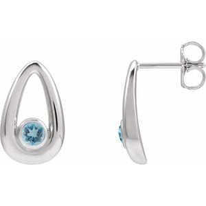 14K White Gold Round Shape 3 Mm Natural Aquamarine Solitaire Geometric Bezel Earrings