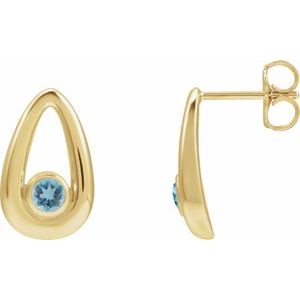 14K Yellow Gold Round Shape 3 Mm Natural Aquamarine Solitaire Geometric Bezel Earrings