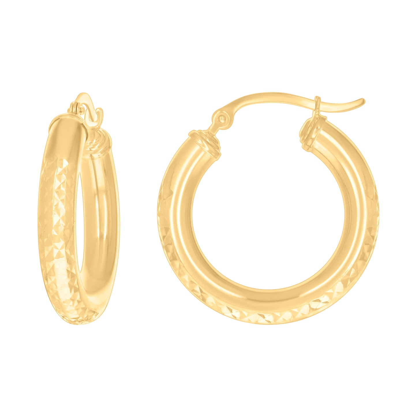 14K Yellow Gold Womens Round Tube Diamond-cut Patterned Fancy Hoop Earrings