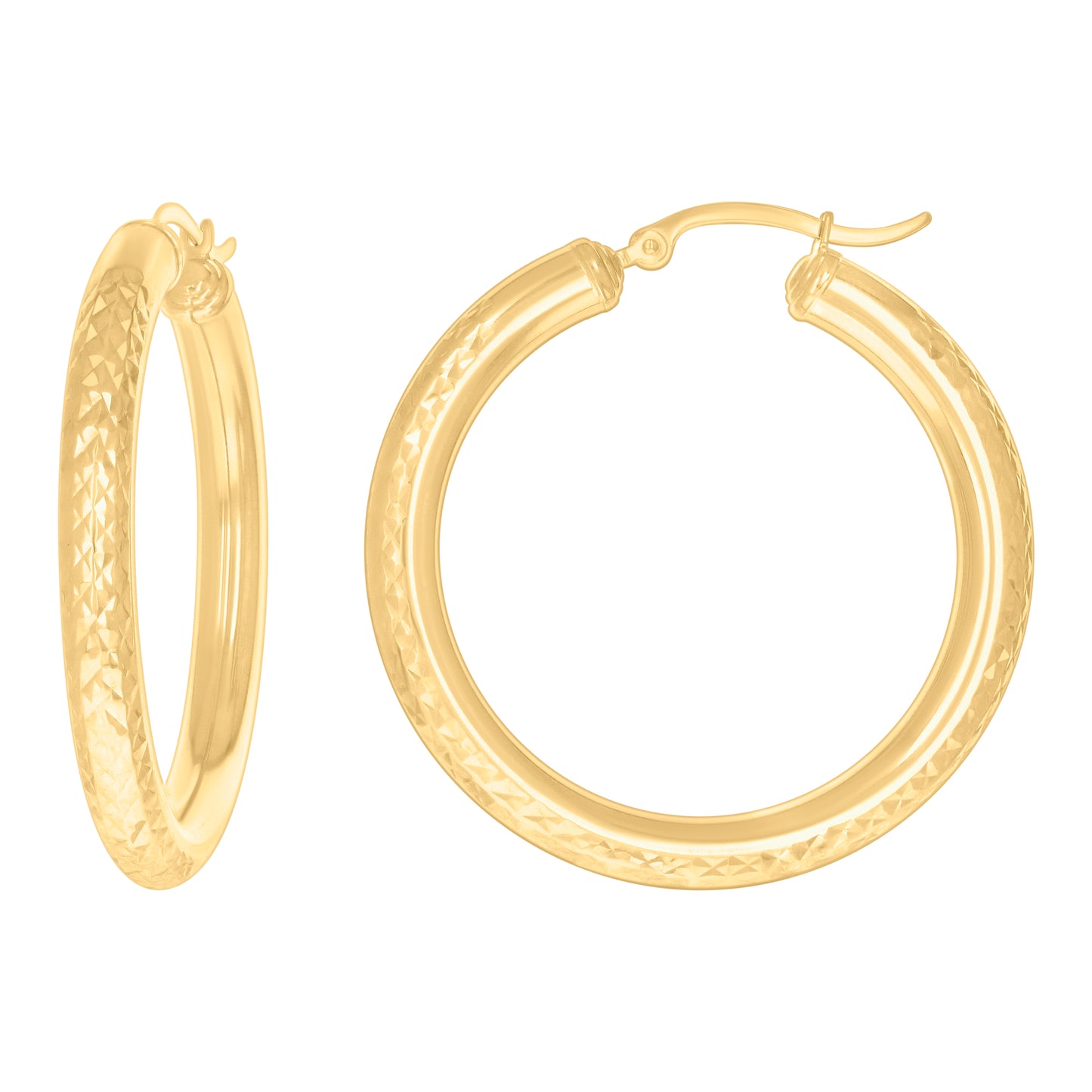 14K Yellow Gold Womens Round Tube Diamond-cut Patterned Fancy Hoop Earrings