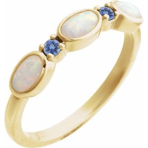 14K Yellow Gold Oval 5 X 3 Mm Natural Tanzanite Polished Lab-Grown White Opal Cabochon And Natural Tanzanite Stackable Ring Size 7