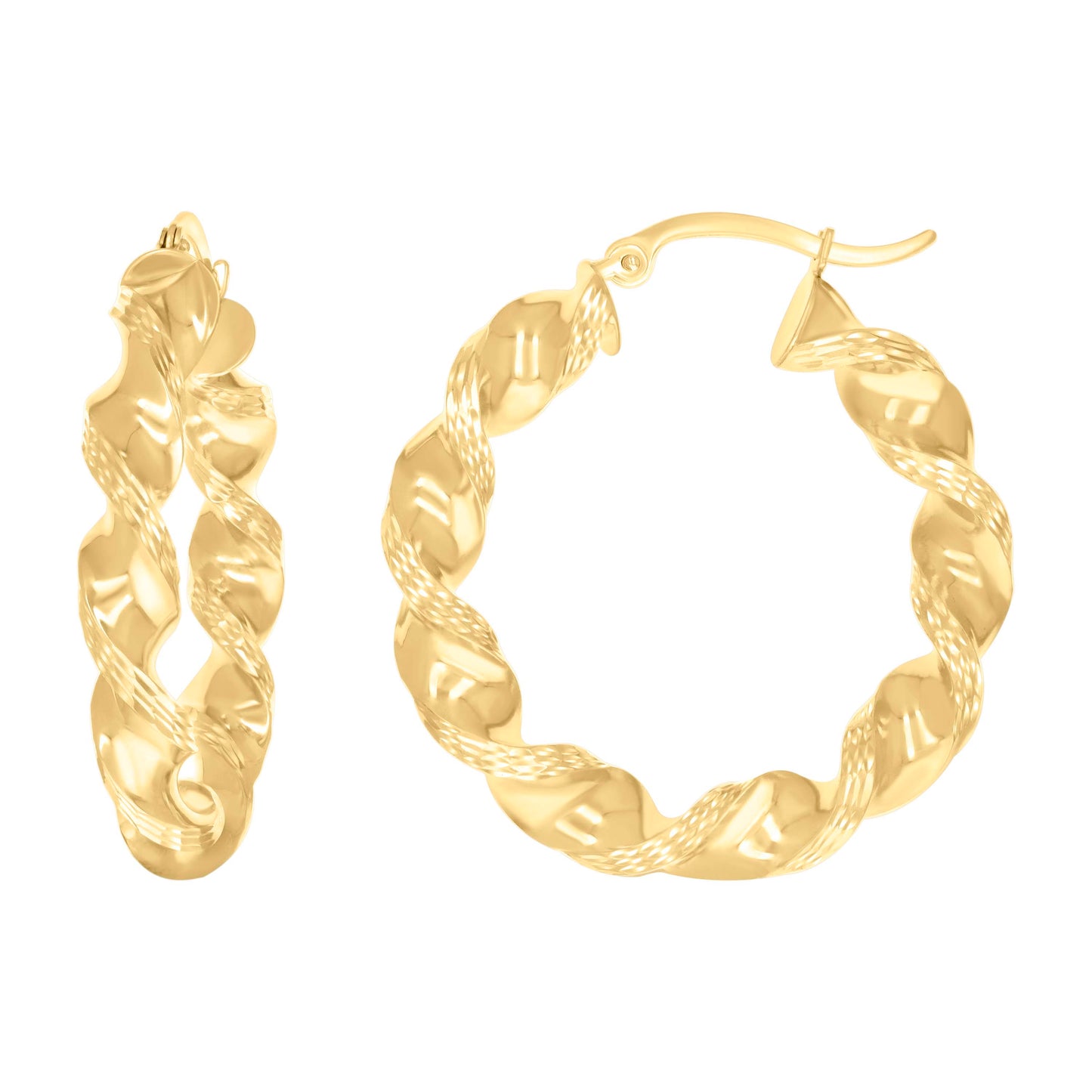 10K Yellow Gold Womens Diamond-cut Twisted Hoop Earrings 5mm