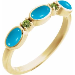 14K Yellow Gold  Oval 5 X 3 Mm Natural Peridot Polished Natural Turquoise Cabochon And Natural Peridot Stackable Ring Size 7