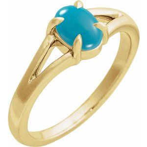 14K Yellow Gold  Oval 7 X 5 Mm Polished Natural Turquoise Solitaire Cabochon Ring Size 7