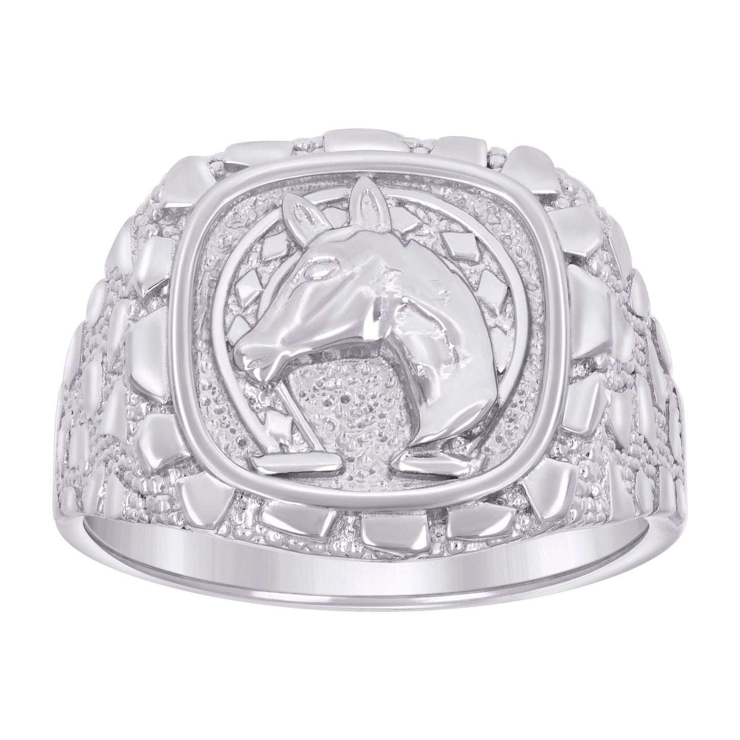 Sterling Silver Mens Nugget Horse Head Horseshoe Good Luck Bridal Anniversary Wedding Engagement Band Ring