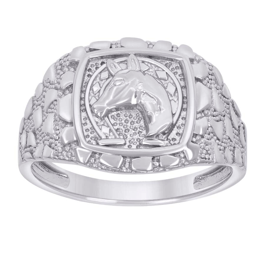 Sterling Silver Men's Nugget Horse Head Horseshoe Good Luck Bridal Anniversary Wedding Engagement Band Ring
