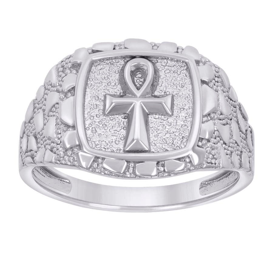 Sterling Silver Mens Nugget Egyptian Ankh Cross Religious Bridal Anniversary Wedding Engagement Band Ring