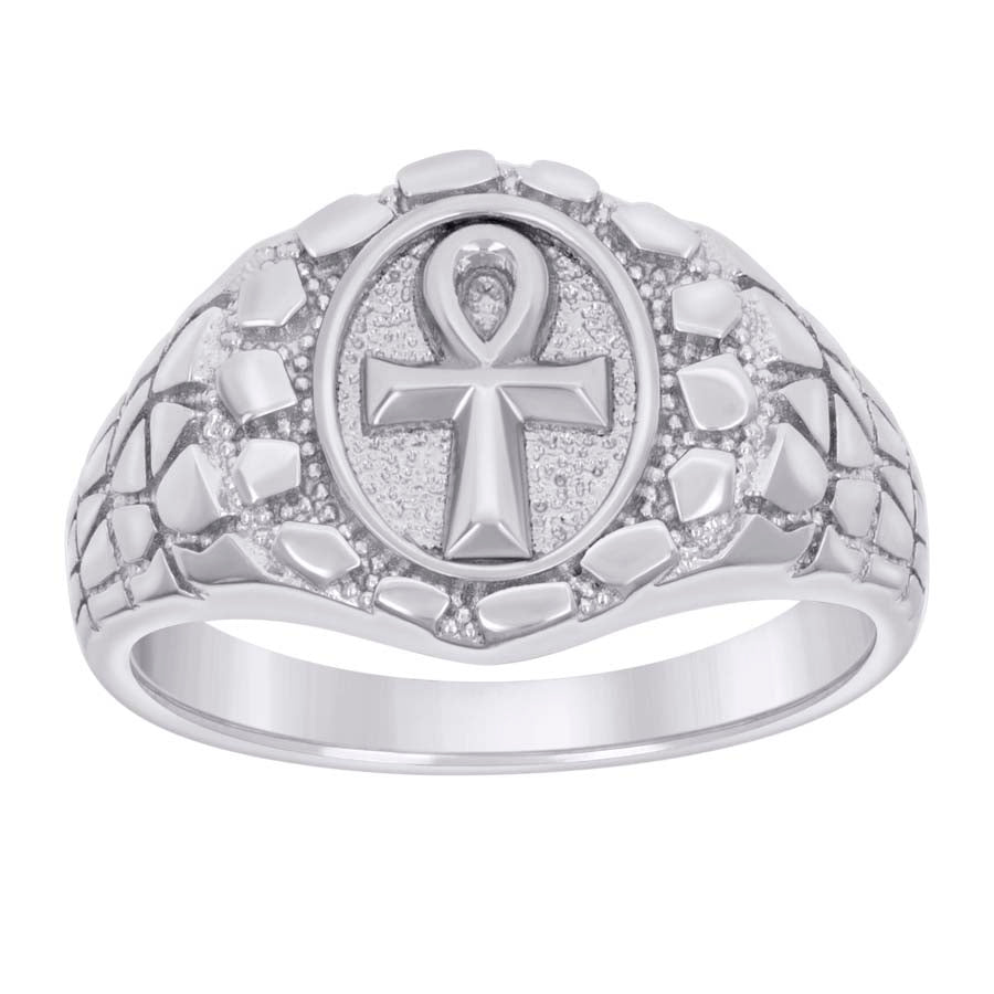 Sterling Silver Men's Nugget Egyptian Ankh Cross Religious Bridal Anniversary Wedding Engagement Band Ring