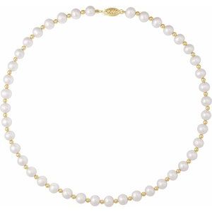 14K Yellow Gold Pearl 7-8 Mm  Cultured White Freshwater Pearl Necklace, Length: 18 In