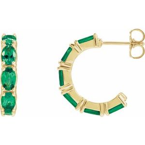 14K Yellow Gold Pair Oval Shape 5 X 3 Mm Lab-Grown Emerald Hoop Earrings, Length: 18.2 Mm, Thickness: 3.5 Mm