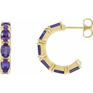 14K Yellow Gold Pair Oval Shape 5 X 3 Mm Natural Amethyst Hoop Earrings, Length: 18.2 Mm, Thickness: 3.5 Mm