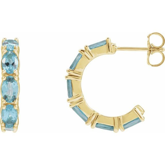 14K Yellow Gold Oval 18.2 Mm 3.5 Mm 5 X 3 Mm Pair Friction Back Polished Natural Aquamarine Hoop Earrings