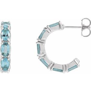 14K White Gold Pair Oval Shape 5 X 3 Mm Natural Aquamarine Hoop Earrings, Length: 18.2 Mm, Thickness: 3.5 Mm
