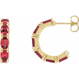 14K Yellow Gold Pair Oval Shape 5 X 3 Mm Lab-Grown Ruby Hoop Earrings, Length: 18.2 Mm, Thickness: 3.5 Mm