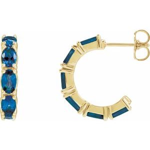 14K Yellow Gold Pair Oval Shape 5 X 3 Mm Lab-Grown Blue Sapphire Hoop Earrings, Length: 18.2 Mm, Thickness: 3.5 Mm