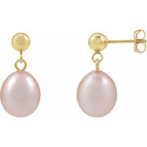 14K Yellow Gold Pair 8-8.5 Cultured Freshwater Pink Pearl Drop Earrings, Length: 18.796 Mm