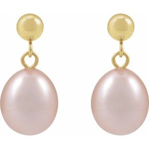 14K Yellow Gold Pair 8-8.5 Cultured Freshwater Pink Pearl Drop Earrings, Length: 18.796 Mm